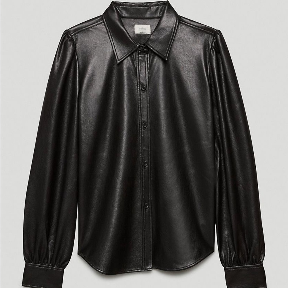 Aritzia Mila Black Vegan Leather Button Up Shirt
